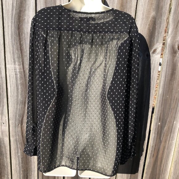 Ann Taylor LOFT XL Black Blouse Button Down Top Sheer Pocket Swiss Dot White - Picture 5 of 7